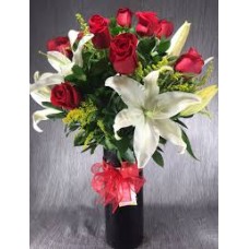 Dozen Roses & Lilies in Glass